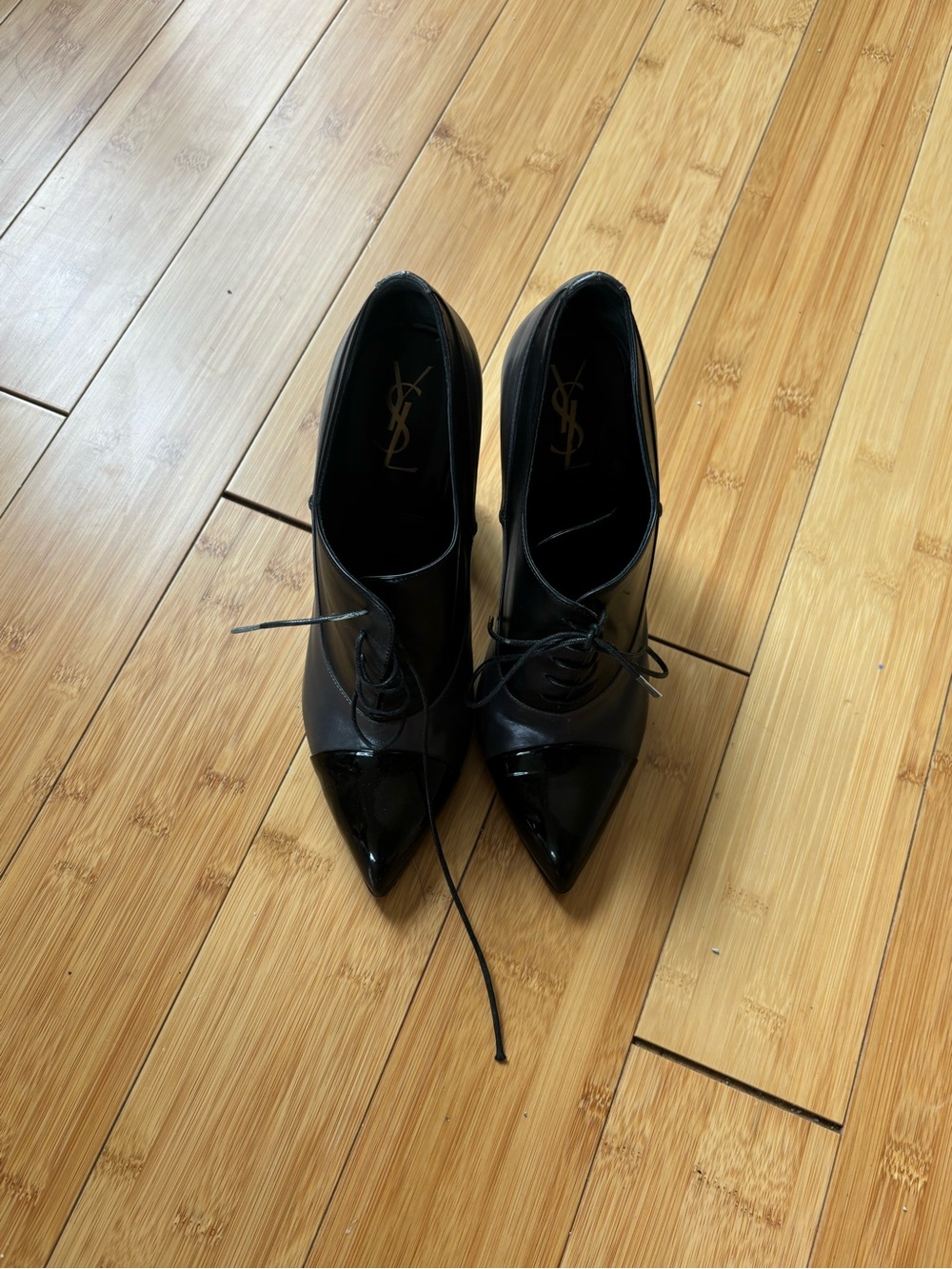 Saint Laurent Black Pointed Leather Lace-Up Heels